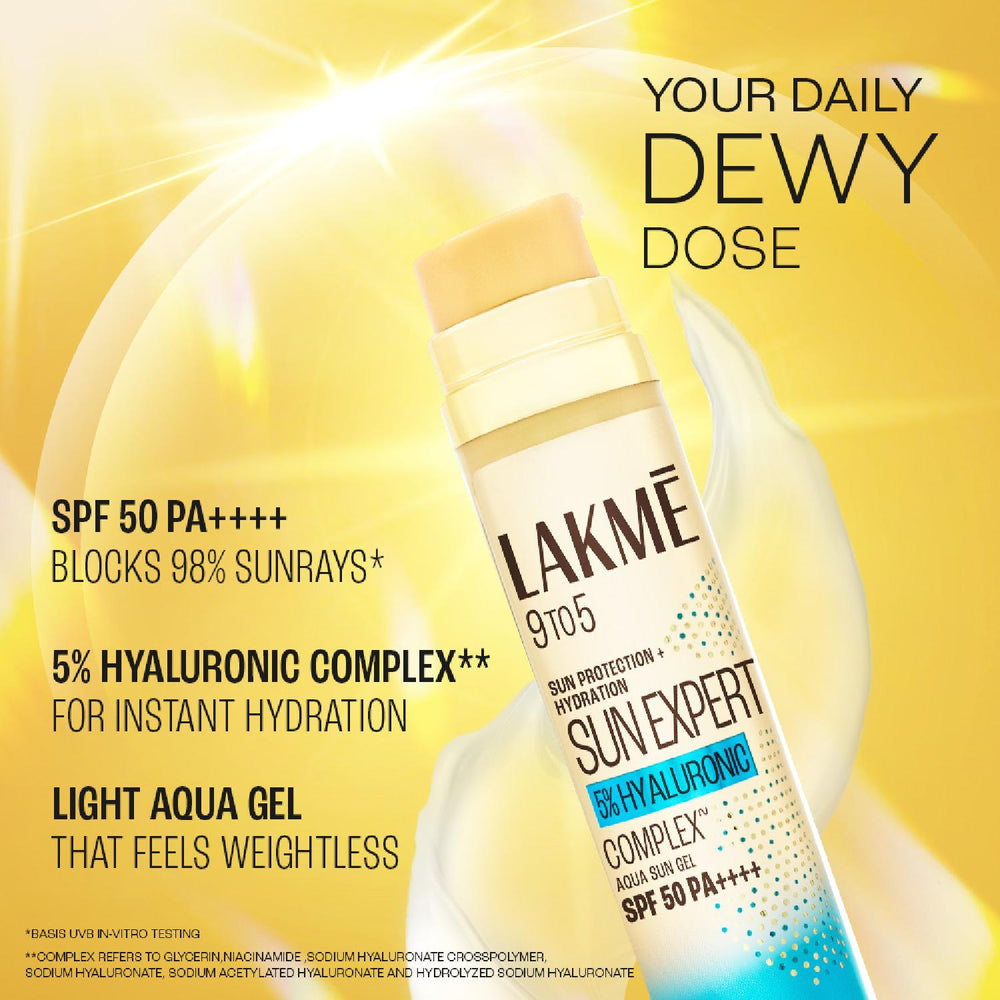 Lakmē 5% Hyaluronic water-light Sunscreen gel SPF 50 Pa++++ In-Vivo tested, Plump & Hydrated skin, With New-Age UV Filters, Boosts Glow, Reduces Dullness & Dark Spots  56g