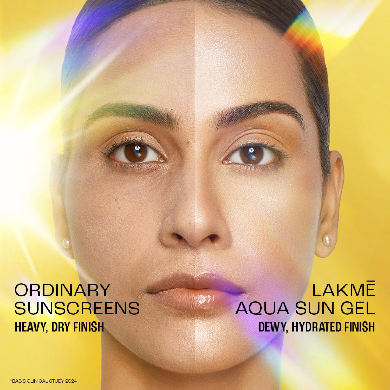 Lakmē 5% Hyaluronic water-light Sunscreen gel SPF 50 Pa++++ In-Vivo tested, Plump & Hydrated skin, With New-Age UV Filters, Boosts Glow, Reduces Dullness & Dark Spots  56g