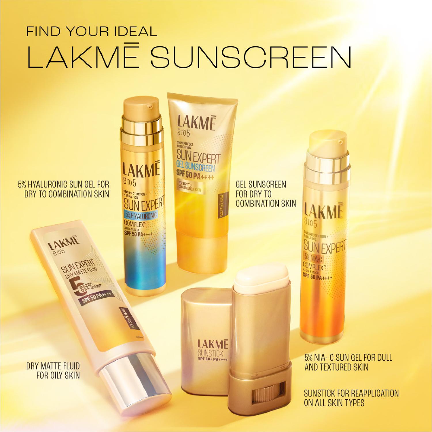 Lakmē 5% Hyaluronic water-light Sunscreen gel SPF 50 Pa++++ In-Vivo tested, Plump & Hydrated skin, With New-Age UV Filters, Boosts Glow, Reduces Dullness & Dark Spots  56g