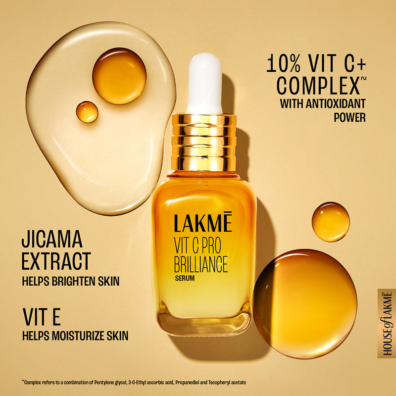 Lakmē Vit C Brillance Serum, 10% Vit C Complex, Glass Skin in 21 Days, Tighter Brighter Skin, 30ml