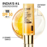 Lakme Fluid SPF 50 PA++++ In-Vivo tested Sunscreen With 1% Ceramide & Niacinamide, With New-Age UV Filters, Boosts Glow, Reduces Dullness & Dark Spots for all skin type 50ml