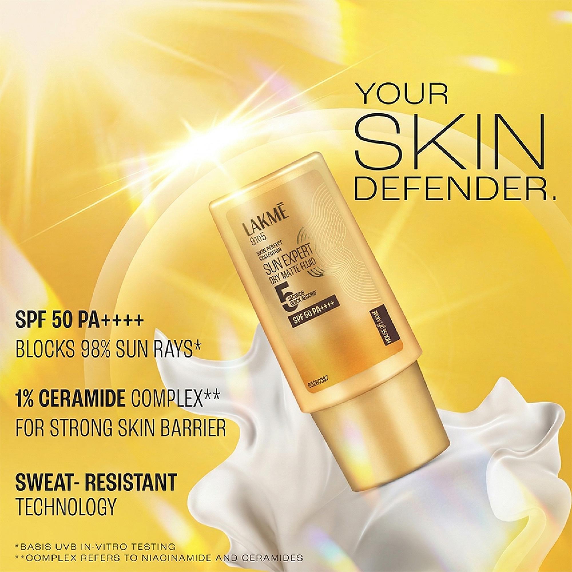 Lakmē Fluid SPF 50 PA++++ In-Vivo tested Sunscreen With 1% Ceramide & Niacinamide With New-Age UV Filters, Boosts Glow, Reduces Dullness & Dark Spots  ,all skin type 30ml