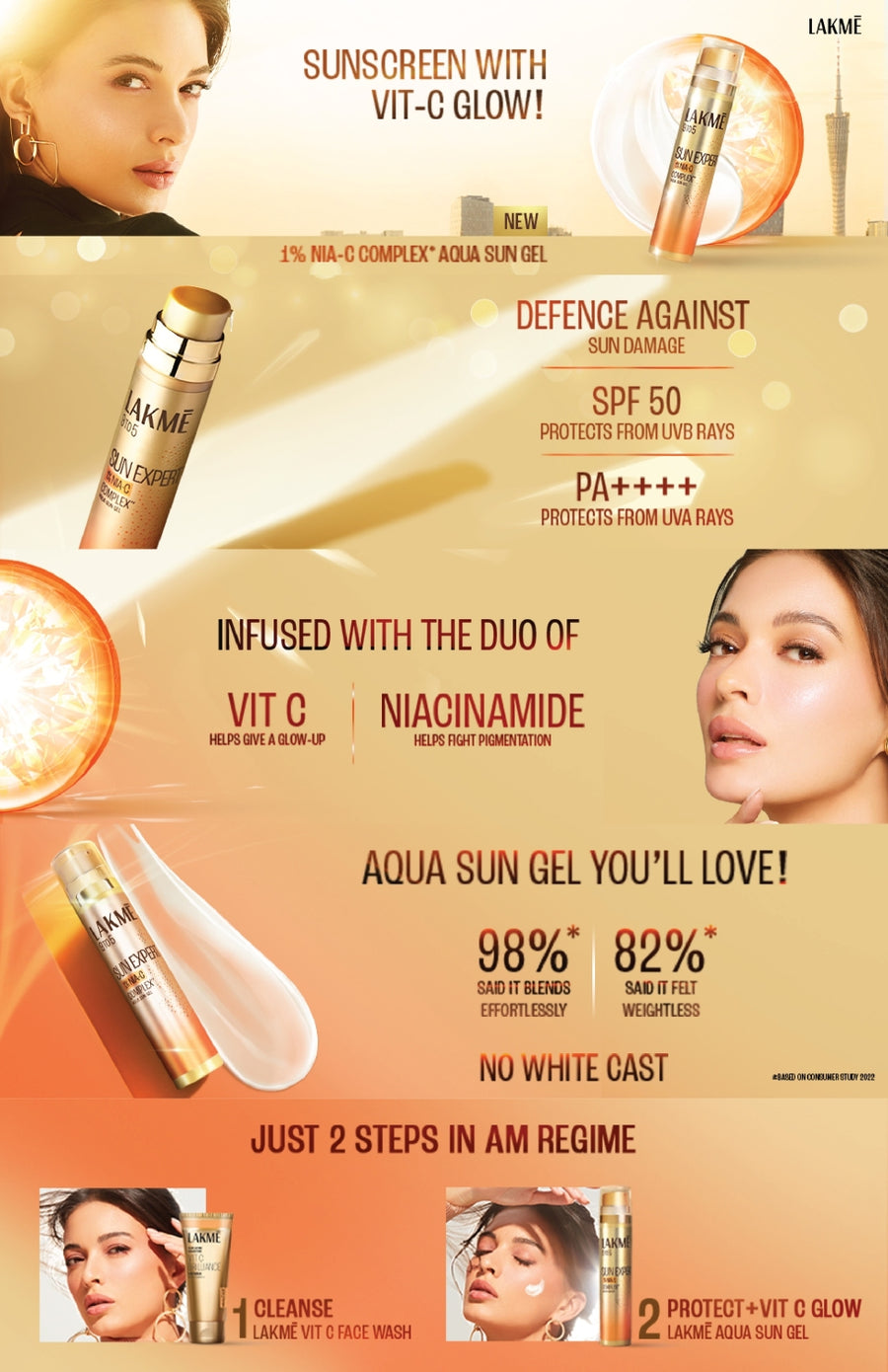 Lakmē Sun Expert 1% Nia-VIT C Sunscreen, SPF 50 PA+++ for UVA/B, No wh
